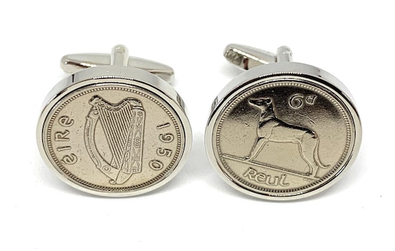 1950 Irish coin cufflinks- Great gift idea. Genuine Irish 6d Sixpence coin cufflink 1950 Thinking Of You,  Special Friend, Mum, Dad SLV