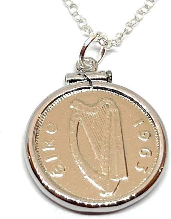 63rd Birthday Gift, 1963 Irish Sixpence Coin Pendant Solid Cinch: Sterling Silver Chain