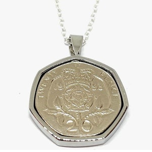 Solid 1993 32nd Birthday / Anniversary twenty pence coin Pendant 1993 for a 32nd Birthday SLV
