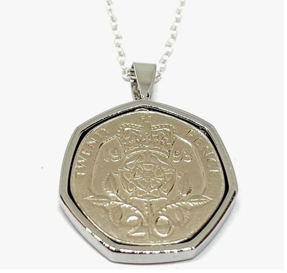 1993 33rd Birthday Gift Anniversary twenty pence coin Pendant: Silver plated mount