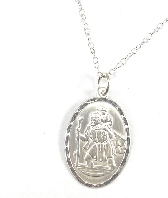 Vintage Sterling Silver St. Christopher Pendant:  Embossed Relief, Oval Shape, Saint of Travelling, Religious Gift for Necklace