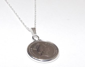 32nd Silver Wedding Anniversary Pendant - British 1992 5p pendant 32nd birthday gift for her