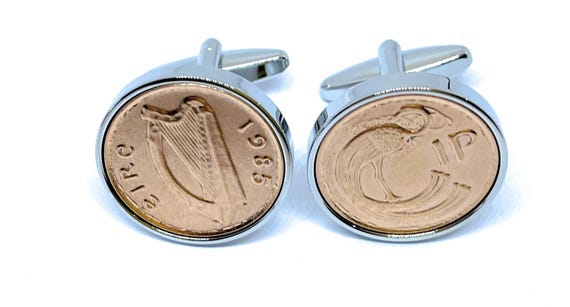 1985 40th Birthday / Anniversary Irish coin cufflinks - One pence cufflinks from 1985 for a 40th birthday present Thinking Of You, Mum Dad