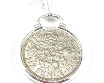Colgante con moneda de seis peniques de 1966 con cadena de plata esterlina, joyería del año de nacimiento.