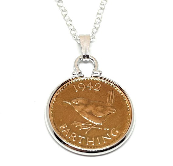Coin Pendant, 1942 Farthing with Silver-Plated Mount and Sterling Chain