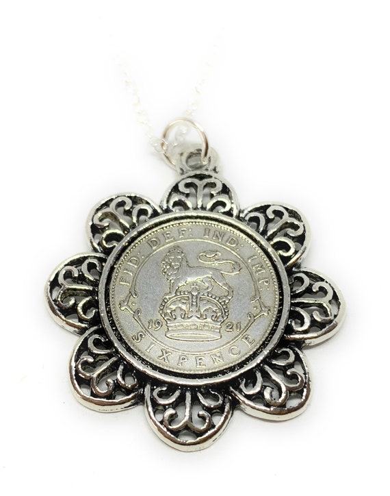 Floral Pendant 1921 Lucky sixpence 104th Birthday plus a Sterling Silver 18in Chain 104th birthday gift for her Thinking Of You, Mum Dad