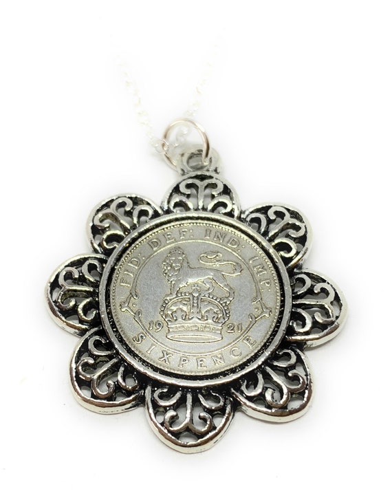 Floral Pendant 1921 Lucky sixpence 103rd Birthday plus a Sterling Silver 18in Chain 103rd birthday gift for her Thinking Of You, Mum Dad