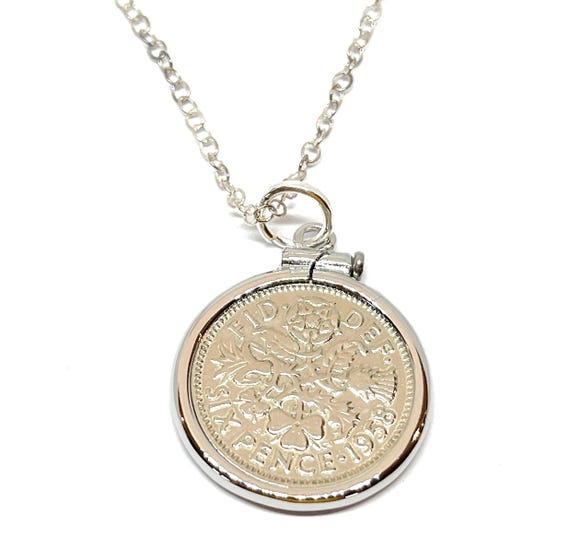 1958 67th Birthday / Anniversary sixpence coin Solid Cinch pendant plus Sterling Silver chain gift 67th birthday gift for her