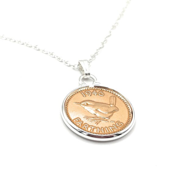 1946 79th Birthday Anniversary Farthing coin in a Silver Plated Cinch Pendant Sterling Silver Chain, 79th Anniversary gift, 79th birthday