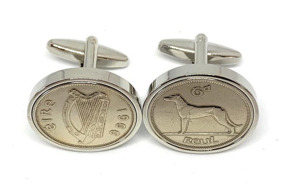 Irish Coin Cufflinks, 1966 Sixpence in Silver Plated Mounts
