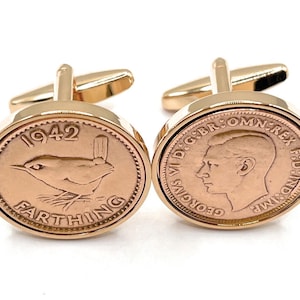 Premium 1942 Farthing Cufflinks for a 83rd birthday gift Original British Farthing inset in Rose Gold Plated French Cufflinks backs 83rd