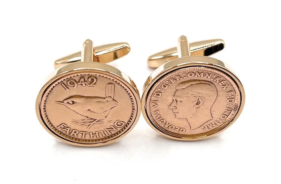 Premium 1942 Farthing Cufflinks for a 83rd birthday.  Original British Farthing inset in Rose Gold Plated French Cufflinks backs 83rd