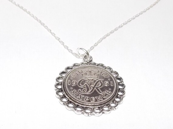 Fine Pendant 1951 Lucky sixpence 73rd Birthday plus a Sterling Silver 18in Chain 73rd birthday gift for her Thinking Of You, Mum Dad