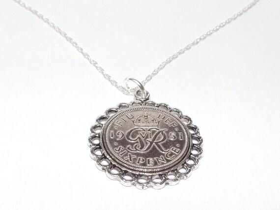 Fine Pendant 1951 Lucky sixpence 74th Birthday plus a Sterling Silver Chain 74th birthday gift for her Thinking Of You, Mum Dad