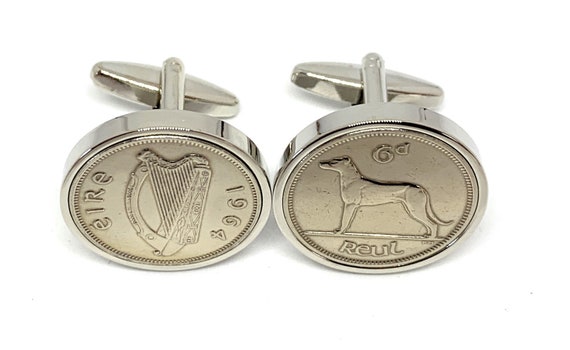 1964 Irish coin cufflinks- Great coin gift idea. Genuine Irish 6d Sixpence coin cufflink 1964 with Hound and harp, Thinking Of You, Dad SLV