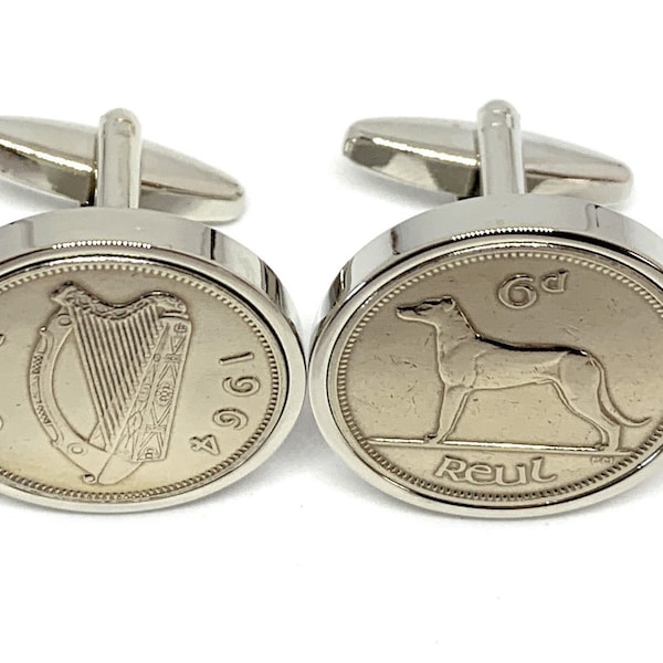 1964 Irish coin cufflinks- Great coin gift idea. Genuine Irish 6d Sixpence coin cufflink 1964 with Hound and harp, Thinking Of You, Dad SLV