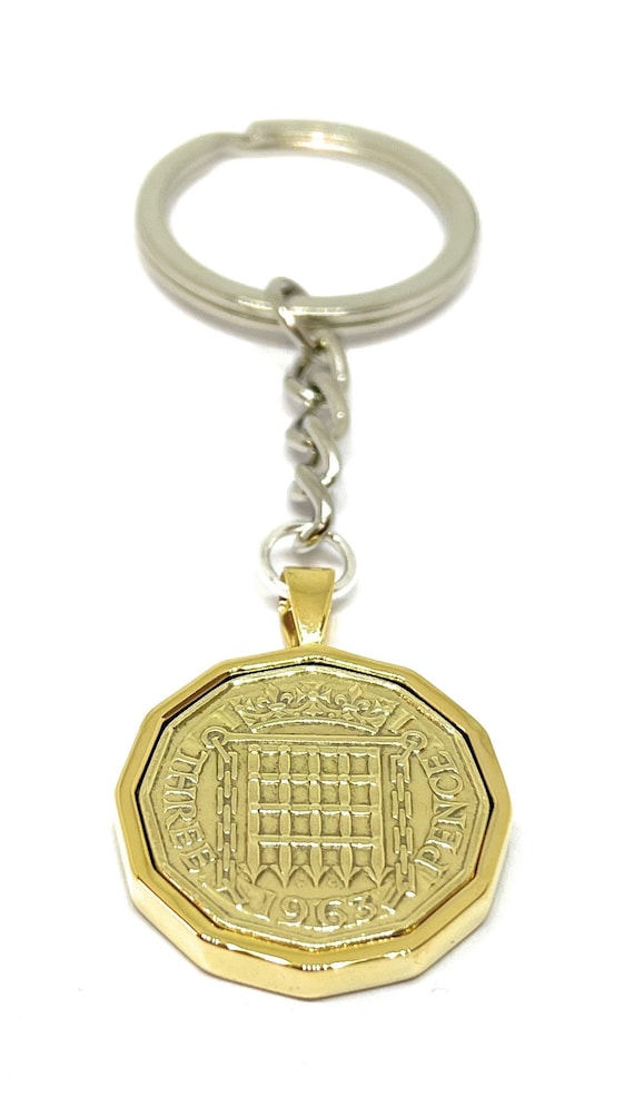 62nd Birthday Gift 1963 Original British Threepence Coin Keyring Handmade: Gold Plated Mount