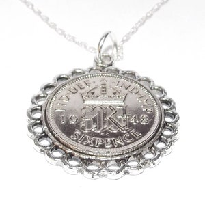 1949 Sixpence Pendant: 76th Birthday Gift, Sterling Silver Chain