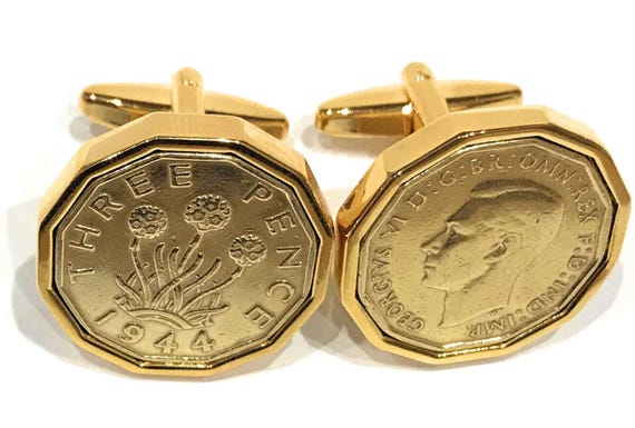 1944 Threepence 3d 81st birthday Cufflinks - Original 1944 threepence coin cufflinks 81st Thinking Of You, Mum, Dad GLD