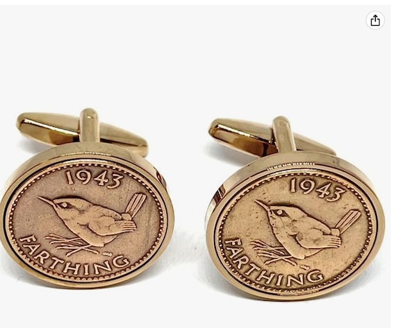 Luxury 1943 Farthing Cufflinks for a 82nd birthday.  Original british Farthings inset in Rose Gold Plated Cufflinks backs 82nd Loved One