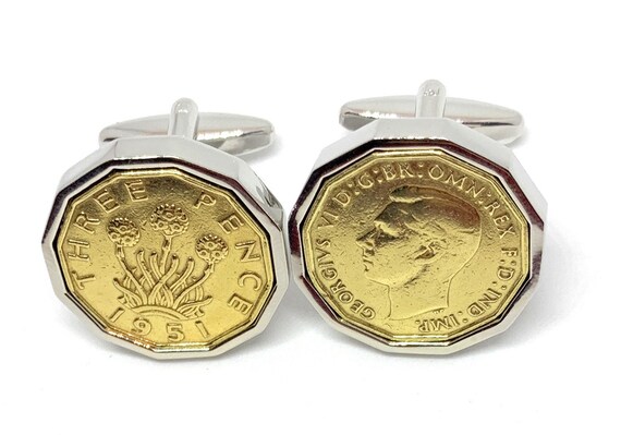 1952 Threepence 3d 72nd birthday Cufflinks - Original Brass Threepence Cufflinks Hand Made 72nd Birthday, 72nd Dad, 72nd Brother SLV HT