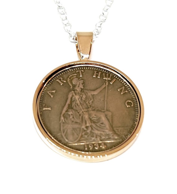 1934 90th Birthday Anniversary Farthing coin in a Solid Silver Plated Pendant Sterling SIlver chain 90th birthday gift for Women RoseGLD
