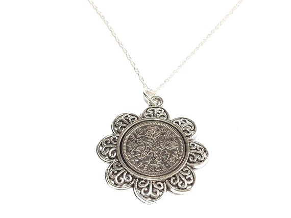 Floral Pendant 1954 Lucky sixpence 70th Birthday gifts for women Sterling Silver 18in Chain 70th birthday gift for her, Thinking Of You, Mum