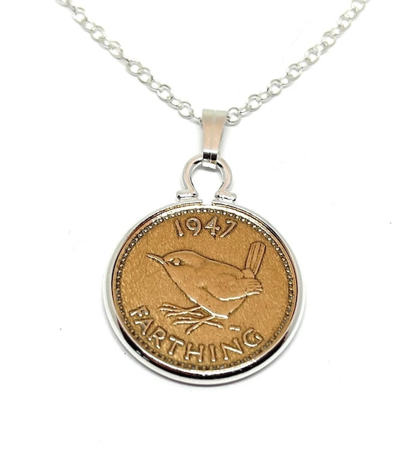 Coin Pendant, 1947 Farthing with Sterling Silver Chain, Four Length Options
