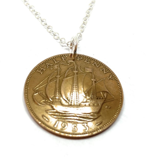 1953 Domed Ship Halfpence 72nd birthday pendant.  Great gift from 1953 72nd - gift for her Thinking Of You Mothers day