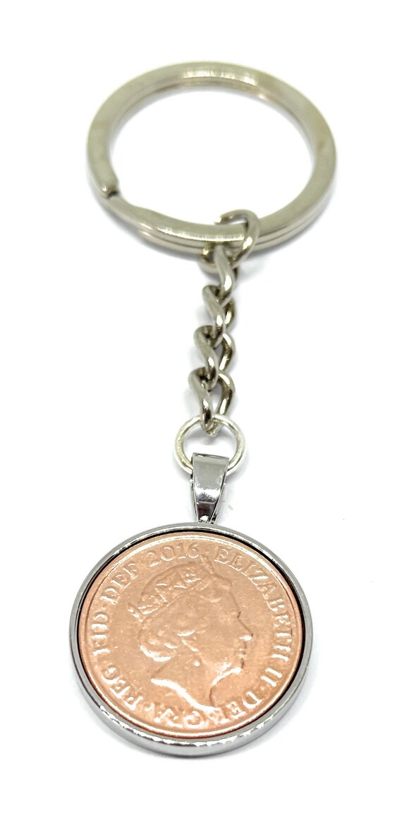 Anniversary 9th Pottery Solid Silver Plated Keyring bronze 1p coins from 2016 - Anniversary Gift for a Pottery Wedding 9th wedding gift
