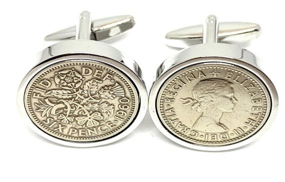 1960 Sixpence 6d 65th birthday Cufflinks - Original 1960 Sixpence coin cufflinks, 65th Mens Gift, Fathers Day Gift - HT SLV