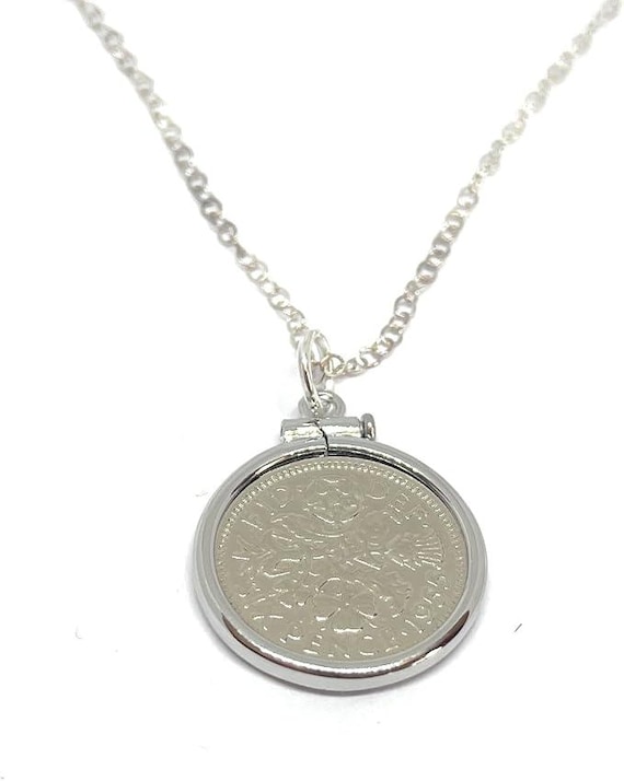 71st Birthday Gift, 1955 Sixpence Coin Pendant Solid Cinch: Sterling Silver Chain