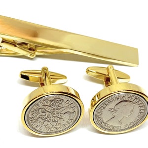 1963 Sixpence Cufflinks Set: Gold Plated 62nd Birthday Gift