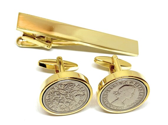 Premium 1963 Sixpence Cufflinks for a 61st birthday.  Original British sixpences inset in Gold  Plated Cufflinks backs Tie clip set