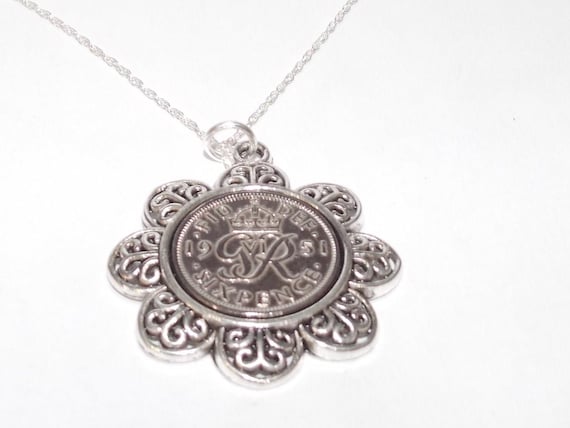 Floral Pendant 1951 Lucky sixpence 73rd Birthday plus a Sterling Silver 18in Chain 73rd birthday gift for her Thinking Of You, Mum Dad