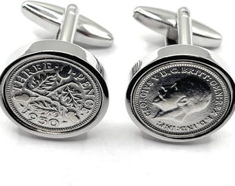 1930 Threepence Cufflinks: 96th Birthday Gift, Silver Plated backs