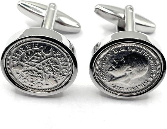 1930 Threepence Cufflinks: 95th Birthday Gift, Silver Plated backs