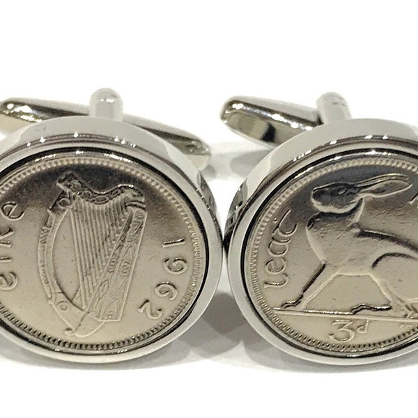 1962 Irish Threepence coin cufflinks - Great gift idea 1962 3d Irish threepence Thinking Of You, Special Friend, Mum, 62nd Dad, 62nd Brother
