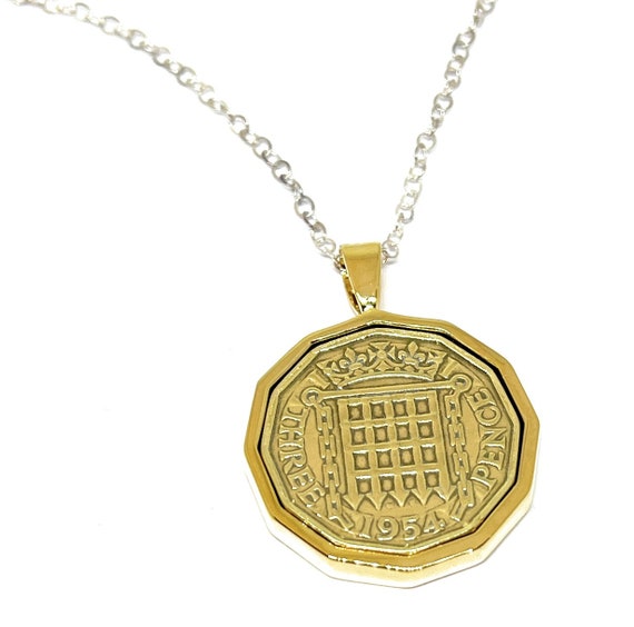 1954 71st Birthday gifts for women / Anniversary Threepence coin Solid pendant plus SS chain gift 71st birthday gift for her GLD