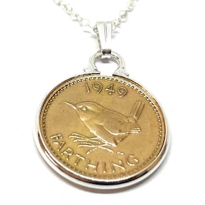 1949 Farthing Coin Necklace: 76th Birthday Gift, Sterling Silver Chain