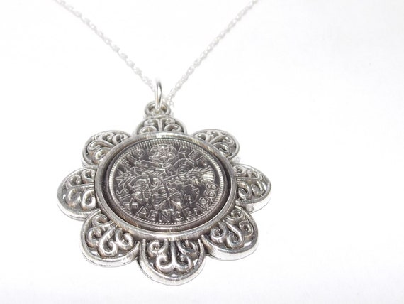 Floral Pendant 1966 Lucky sixpence 59th Birthday plus a Sterling Silver 18in Chain, 1966 gift, 1966 birthday, 1966 birthday gift