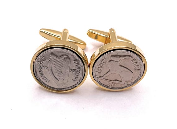 1935 Irish coin cufflinks- Great gift idea. Genuine Irish 3d threepence coin cufflink 1935 Thinking Of You,  Special Friend, Dad GLD