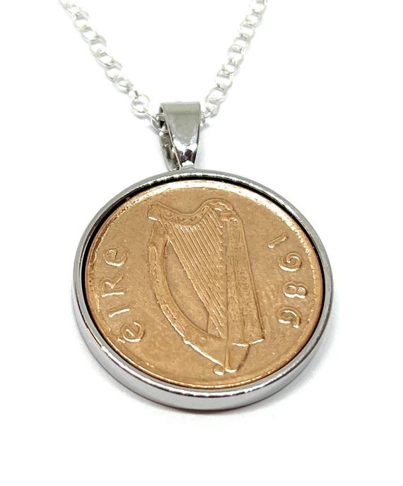 1986 39th Birthday Gift Irish Penny For Luck Pendant : Silver, Gold or RoseGold Plated