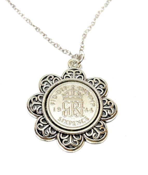 Floral Pendant 1944 Lucky sixpence 80th Birthday gifts for women Sterling Silver 18in Chain 80th birthday gift for her Thinking Of You, Mum