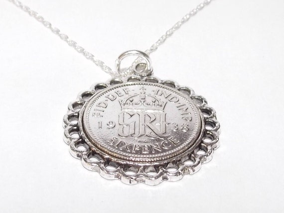 Fine Pendant 1938 Lucky sixpence 87th Birthday plus a Sterling Silver 18in Chain 87th birthday gift for her Thinking Of You, Mum Dad