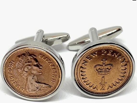 Vintage Retro 1974 half pence coin cufflinks for a 50th Birthday  - No longer in circulation Thinking Of You,  Special Friend, Mum, Dad