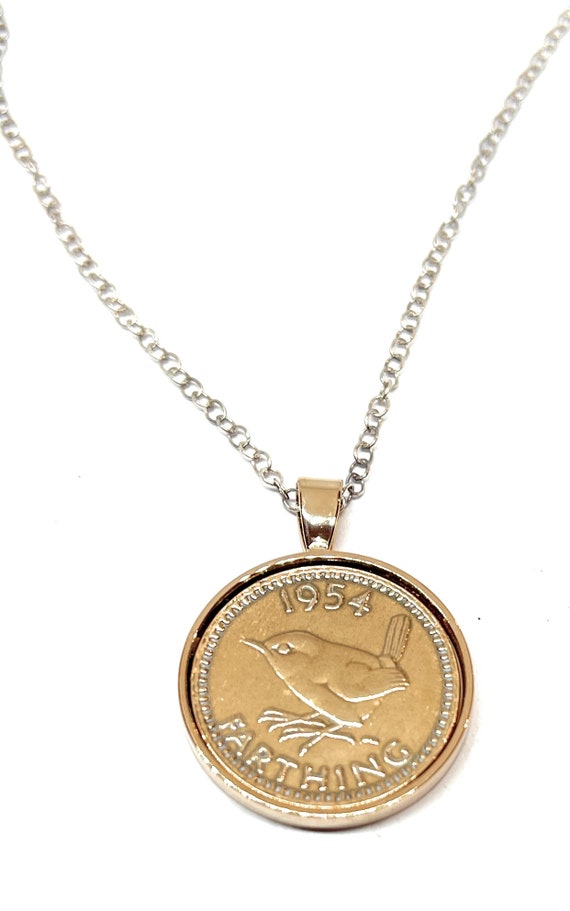 1954 70th Birthday Anniversary Farthing coin in a Rose Gold Plated Solid Pendant plus 18 Inch SS Chain 70th birthday gift for women