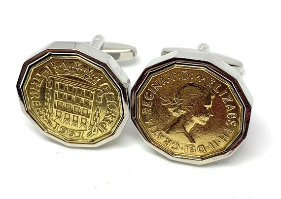 1957 Threepence 3d 67th birthday Cufflinks - Original 1957 threepence coin cufflinks 67th Thinking Of You,  Special Friend, Mum, Dad