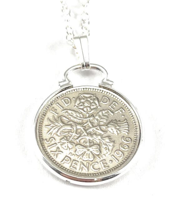 1966 Sixpence Coin Pendant: 59th Birthday Gift, Sterling Silver Chain