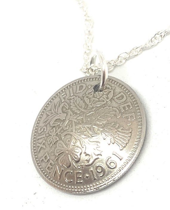 Domed Pendant 1961 Lucky sixpence 63rd Birthday plus a Sterling Silver 18in Chain 63rd birthday gift for her Thinking Of You, Mum Dad